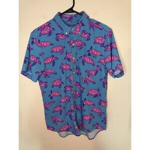 Chubbies Button Down Short Sleeve Men’s Shirt Sea Turtle Print Blue Pink Small